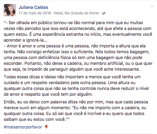 Post de Juliana Caldas. Foto: Reprodução/Facebook