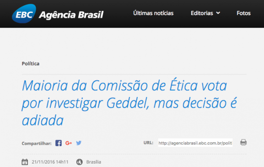 Notícia sobre caso envolvendo Geddel Vieira Lima no site da Agência Brasil. Foto: Reprodução