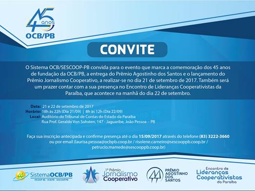 Convite para o Encontro de Lideranças Cooperativistas na Paraíba. Foto: Reprodução