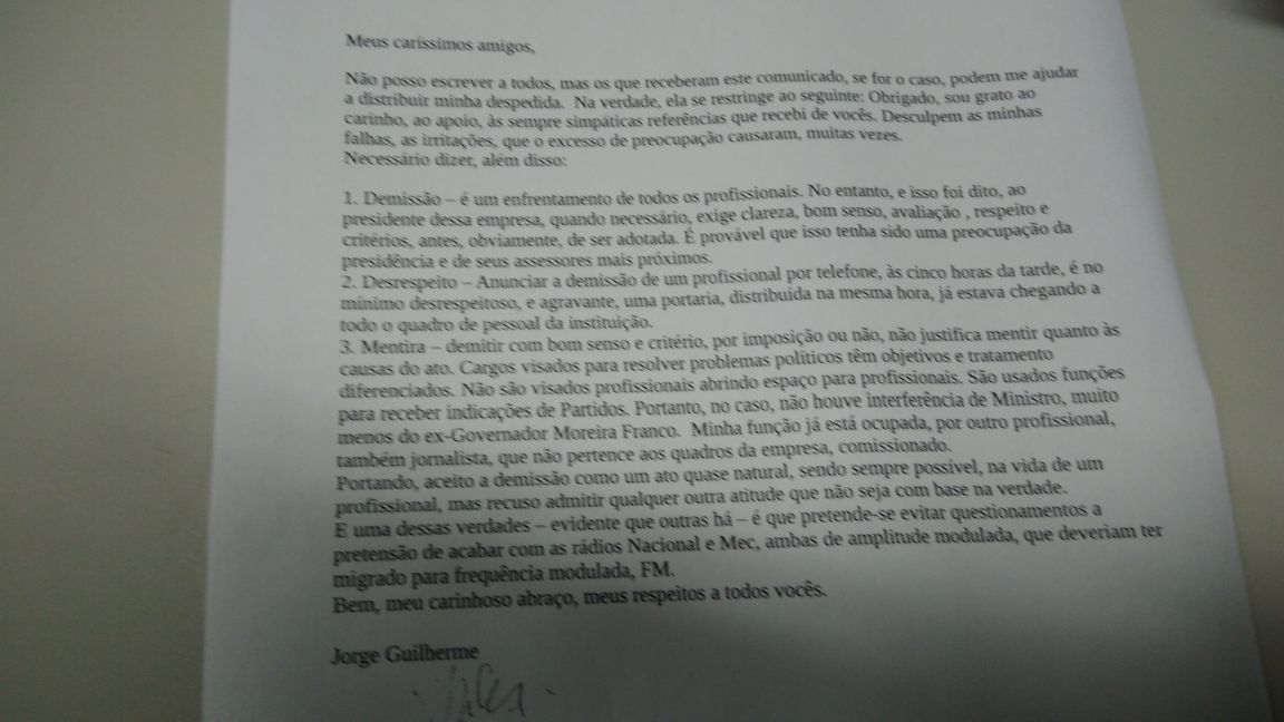 Carta despedida de Jorge Guilherme. Foto: Reprodução