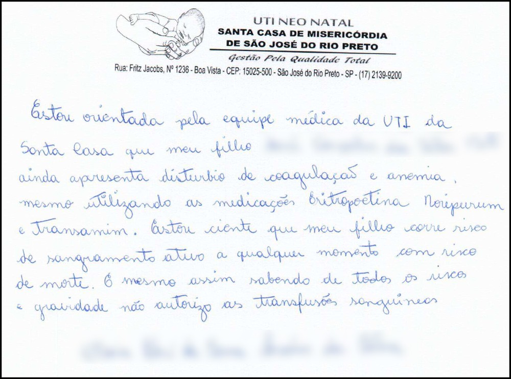 Mãe escreve carta negando transfusão de sangue. Foto: Foto: Reprodução de Internet
