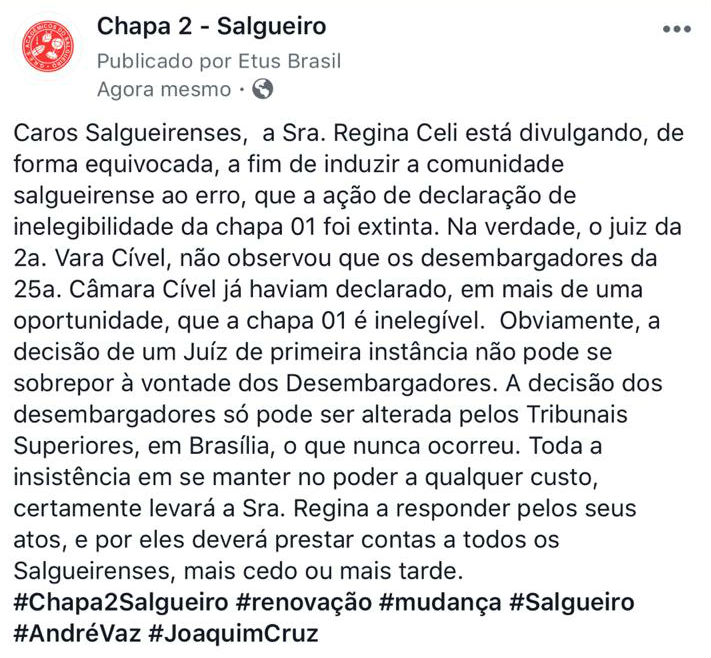 Interpretação sobre decisão judicial volta a gerar polêmica no Salgueiro. Foto: Reprodução/Facebook