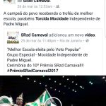 Postagem no Facebook sobre Prêmio SRzd Carnaval 2017. Foto: Reprodução
