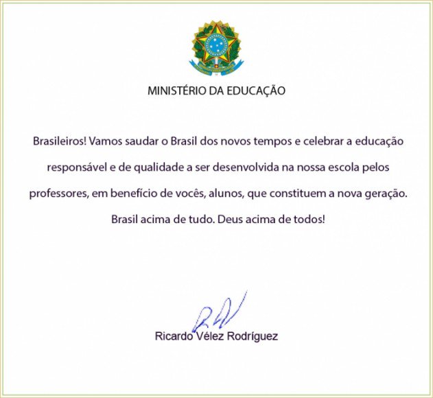MEC pede a diretores de escolas que leiam carta com slogan de Bolsonaro a alunos. Foto: Reprodução de Internet