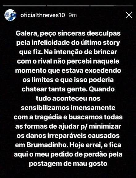 Thiago Neves pede desculpas por piada com referência a Brumadinho. Foto: Reprodução de Internet