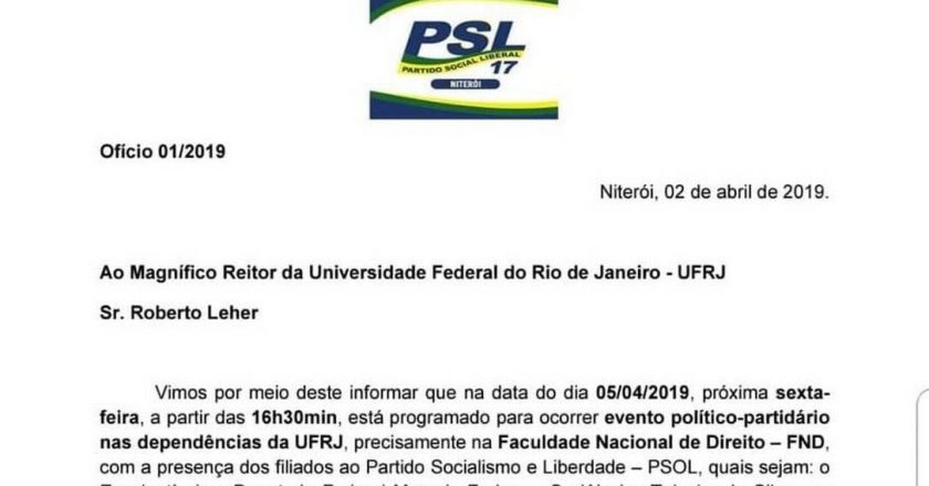 Ofício enviado pelo PSL a UFRJ Foto: Reprodução de Internet