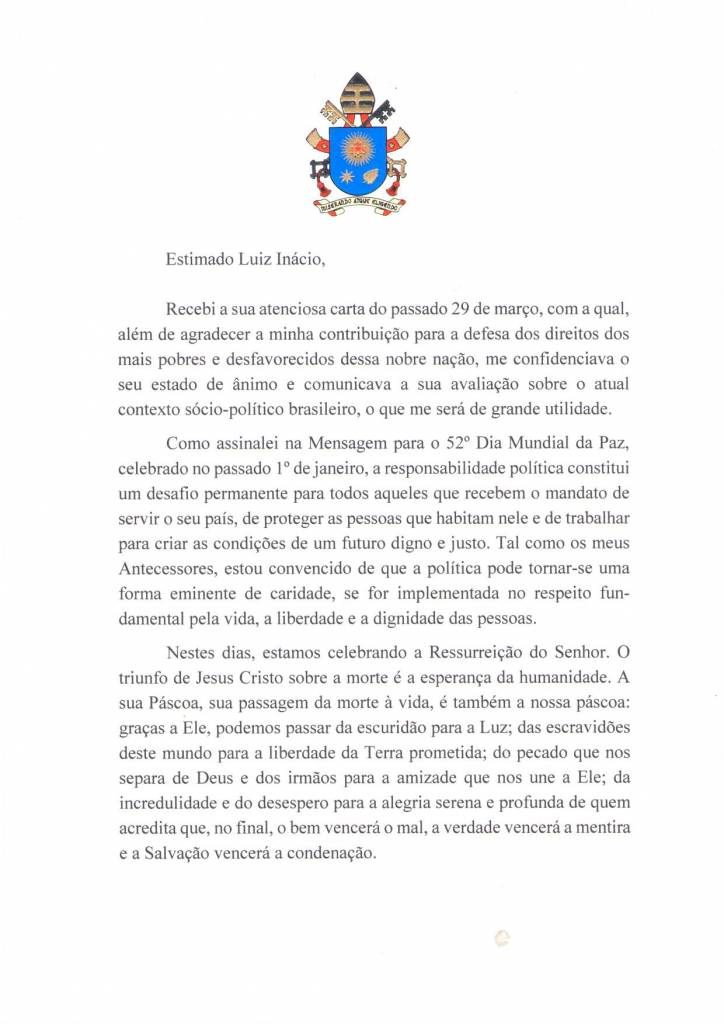 Carta do Papa Francisco ao ex-presidente Lula. Foto: Reprodução