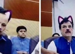 Funcionários do governo paquistanês esqueceram de desativar o filtro de gato em uma live do Facebook. Foto: Reprodução de Internet