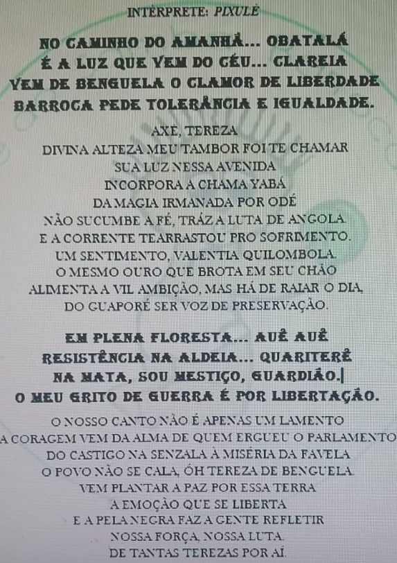 Letra do samba-enredo da Barroca 2020. Foto: Divulgação