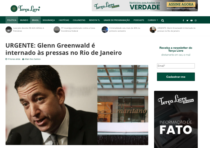 Fake News sobre Glenn Greenwald. Foto: Reprodução