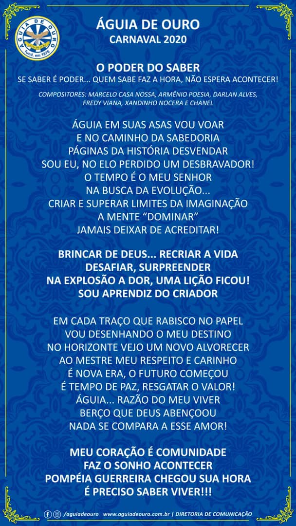 Letra do samba da Águia de Ouro para o Carnaval de 2020. Foto: Divulgação
