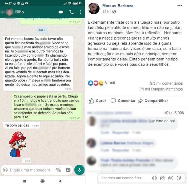 Menino pede ajuda a pai para defender amigo de racismo; conversa viraliza na web. Foto: Reprodução/Facebook