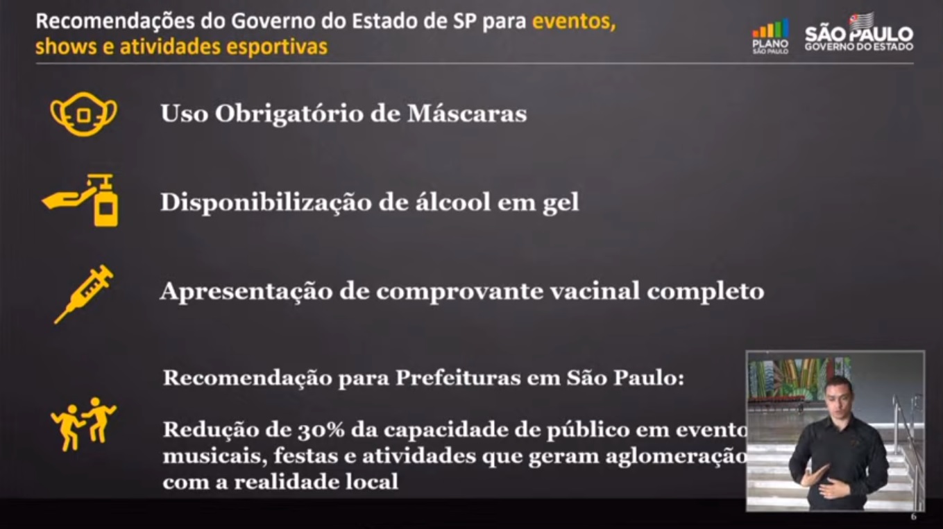 Recomendações do Governo do Estado de SP para eventos, shows e atividades esportivas. Foto: Reprodução/YouTube