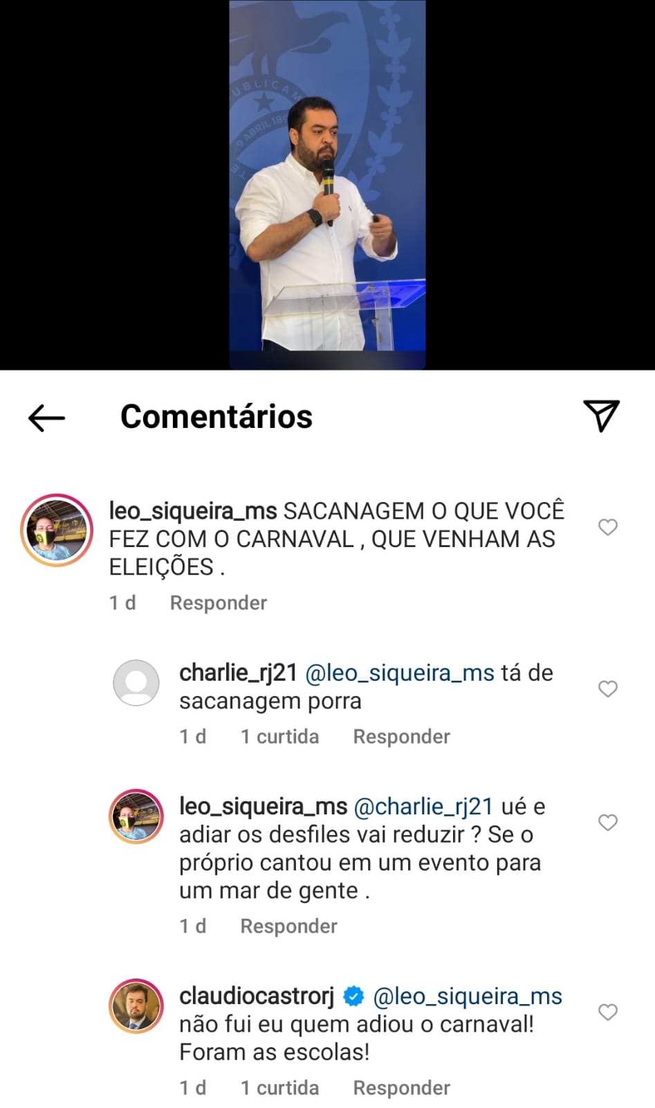 Resposta de Cláudio Castro sobre o adiamento Carnaval 2022. Foto: Reprodução/Instagram