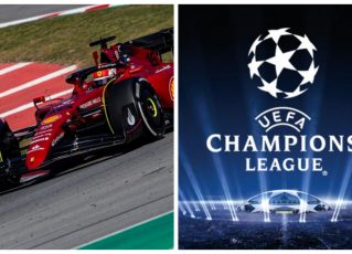 Carro de Fórmula 1 e Logo da Liga dos Campeões. Fotos: Reprodução/Fia e Uefa