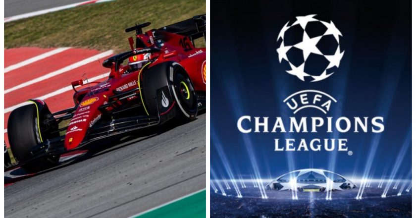 Carro de Fórmula 1 e Logo da Liga dos Campeões. Fotos: Reprodução/Fia e Uefa