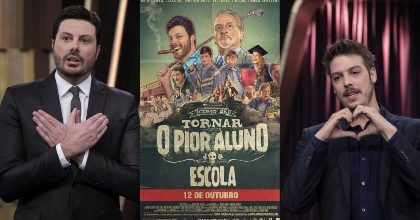 Danilo Gentili, Fábio Porchat e cartaz do filme "Como Se Tornar o Pior Aluno da Escola". Foto: Reprodução/TV/Divulgação