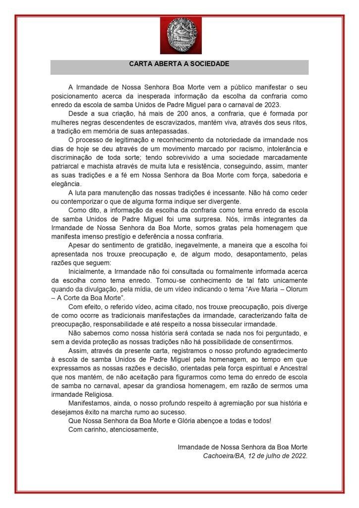 Carta aberta da Irmandade da Boa Morte, enredo da Unidos de Padre Miguel para 2023. Foto: Reprodução do Facebook