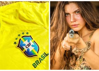 Camisa da Seleção Brasileira para a Copa de 2022 e Juma Marruá. Fotos: Divulgação/Nike e Reprodução/TV