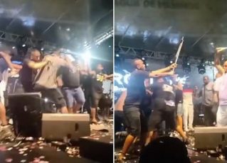 Músicos da banda Psirico trocam pancadas com banda Samba Trator durante show. Foto: Reprodução/Twitter/Edson Junior