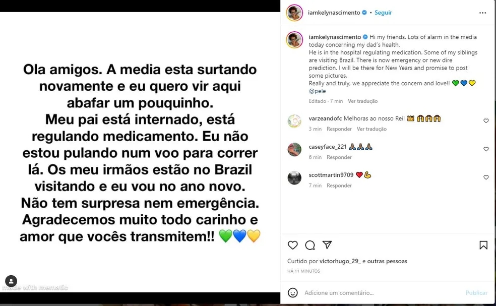Filha de Pelé confirmou internação do pai. Foto: Reprodução/Instagram