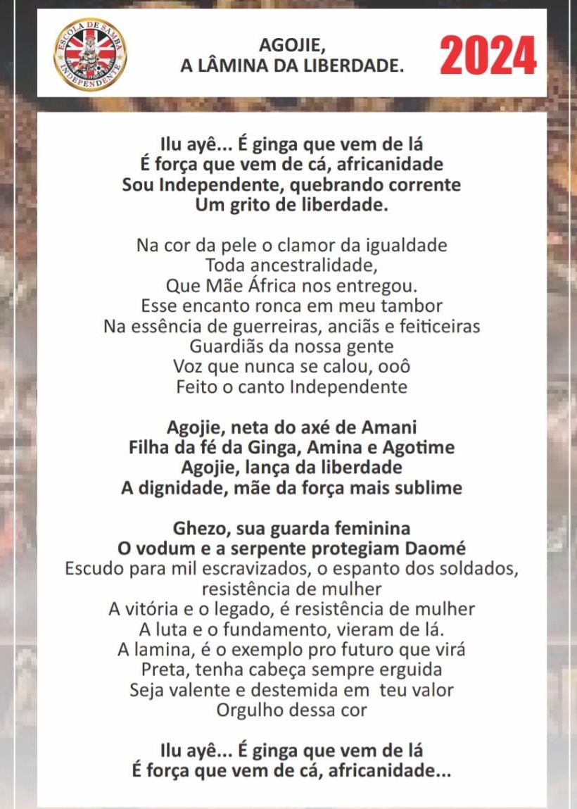 Letra do samba da Independente 2024. Foto: Divulgação