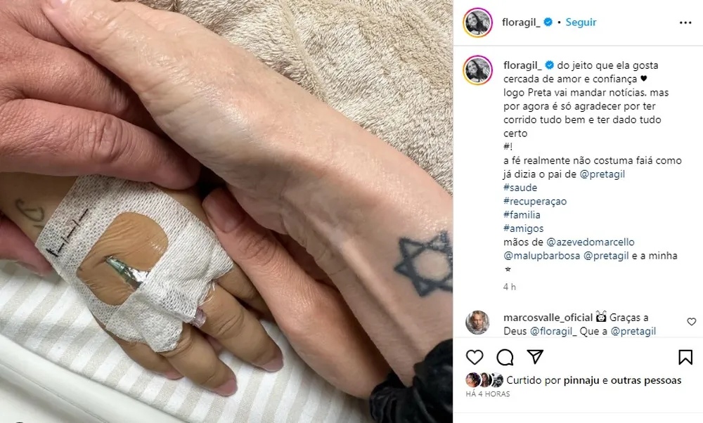 Preta Gil recebe carinho da família após cirurgia. Foto: Reprodução/Instagram