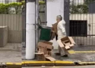 Regina Duarte cata papelão em rua. Foto: Reprodução de Vídeo