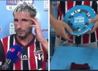 Calleri comete gafe e quebra troféu de melhor em campo contra Corinthians. Foto: Reprodução de vídeo