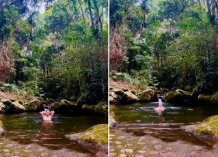 Nua, Leticia Spiller toma banho de cachoeira. Foto: Reprodução/Instagram